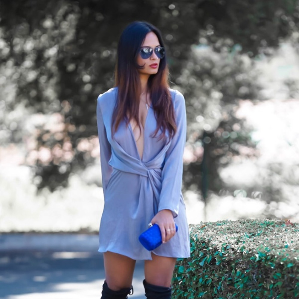 Elegant Silver Grey Plunge neck Dress